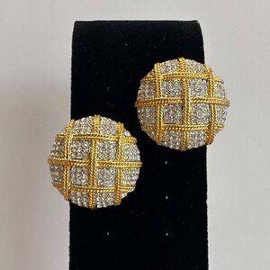 Round Gold-Tone Rhinestone New Vintage Clip Earrings